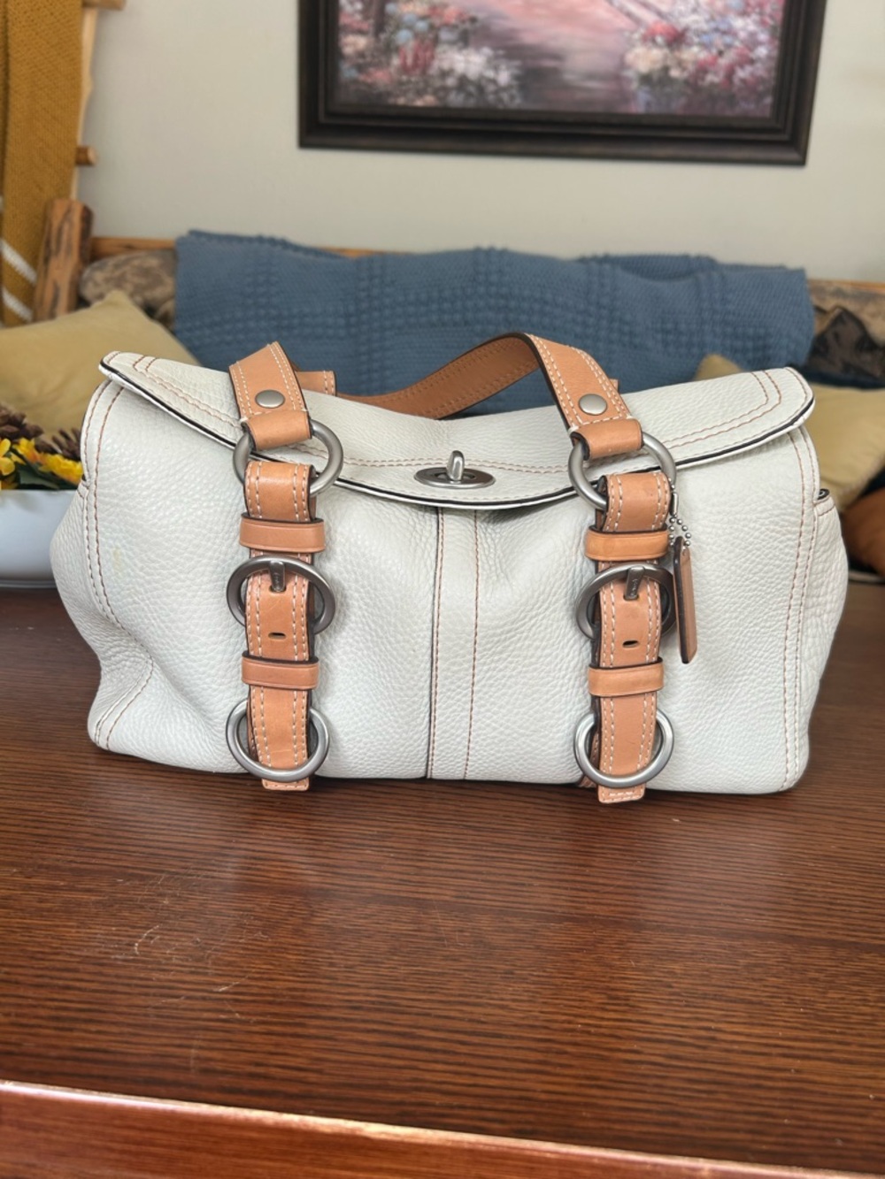 Coach White Pebbled Leather Shoulder Bag with Tan Accents